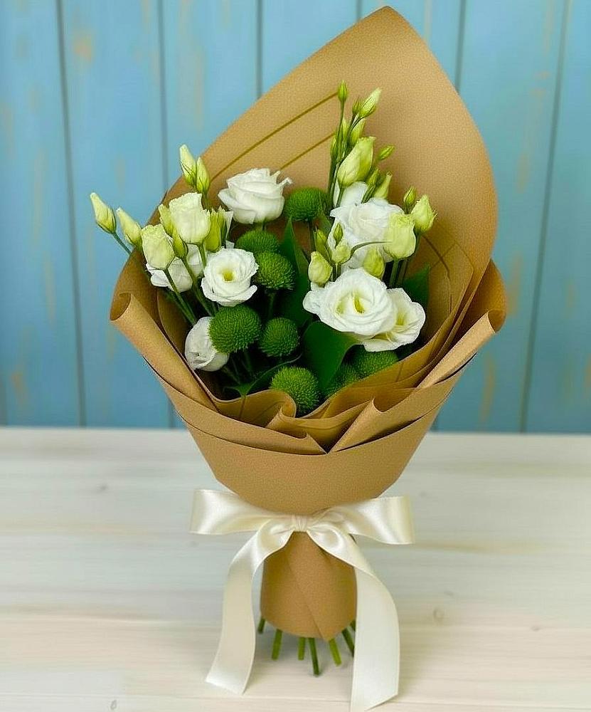 Букет цветов из: Хризантемы и Лизиантусы в Кардоникской