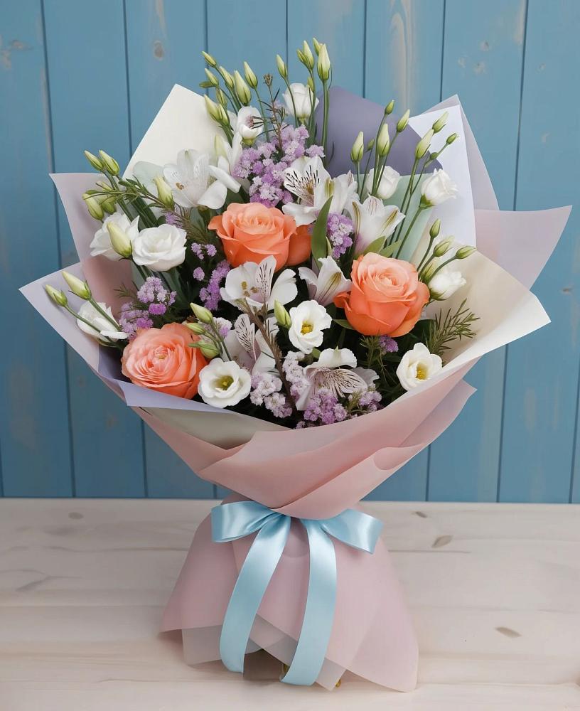Букет цветов из: Лизиантусы, Розы, Альстромерии и Гипсофила в Кардоникской