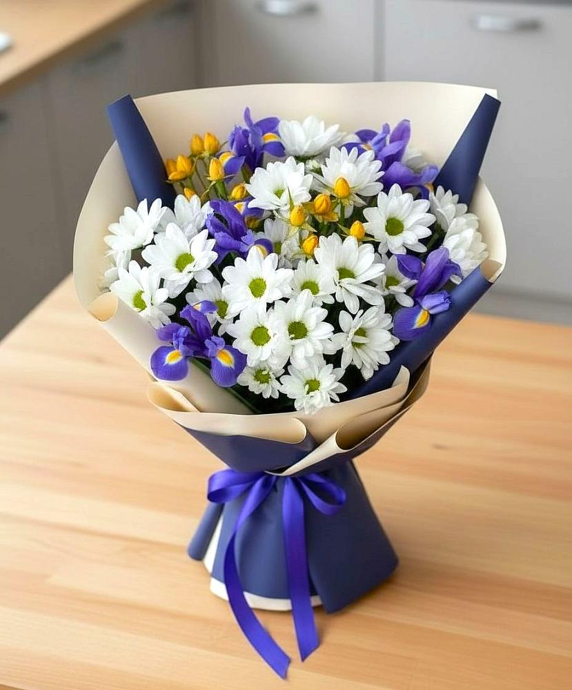 Букет цветов из: Розы, Ирисы и Хризантемы в Кардоникской