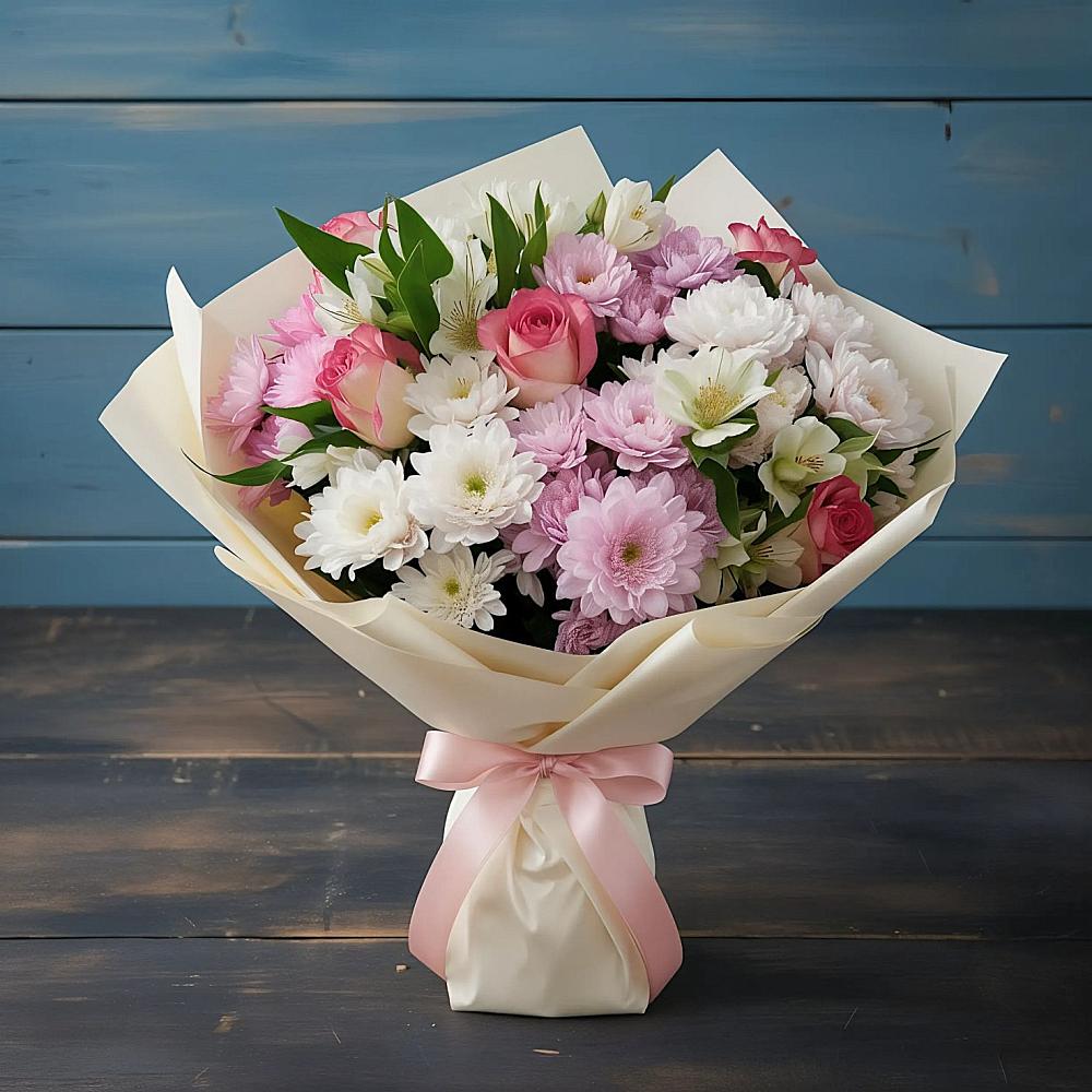 Букет цветов из: Хризантемы, Альстромерии и Розы в Кардоникской